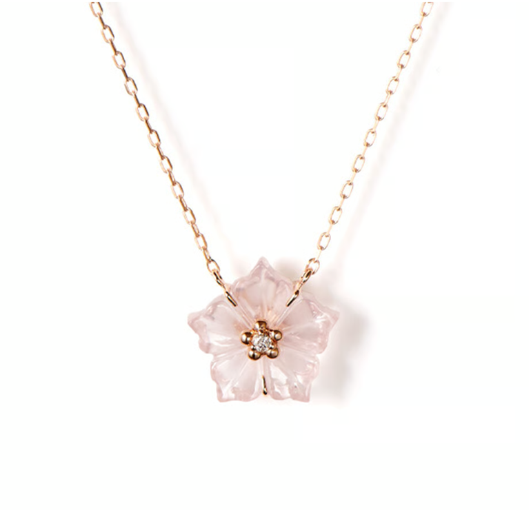 ローズクォーツフラワーカットネックレス　K10PG